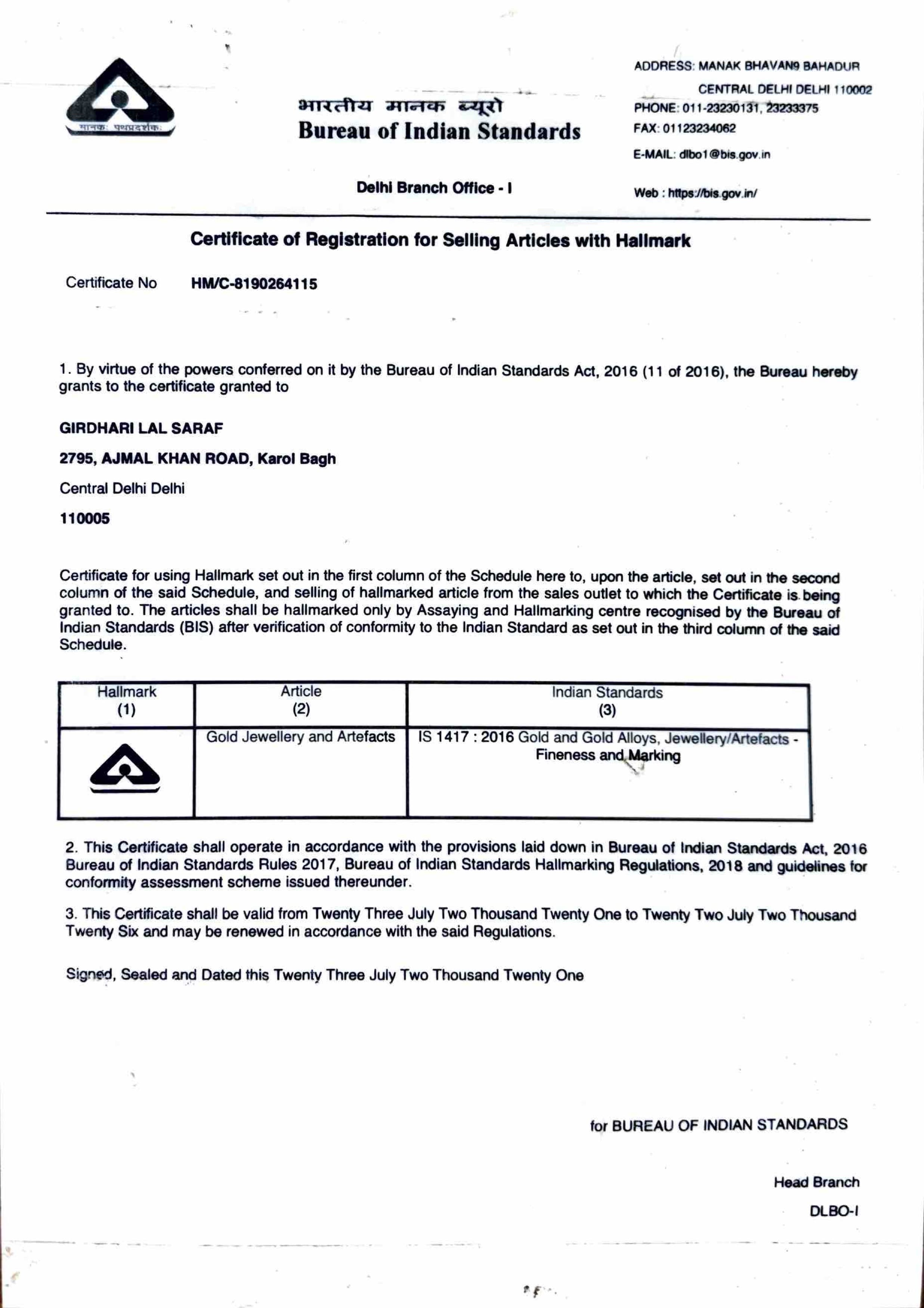 BIS Hallmark certificate issued to Girdhari Lal Saraf Jewellers