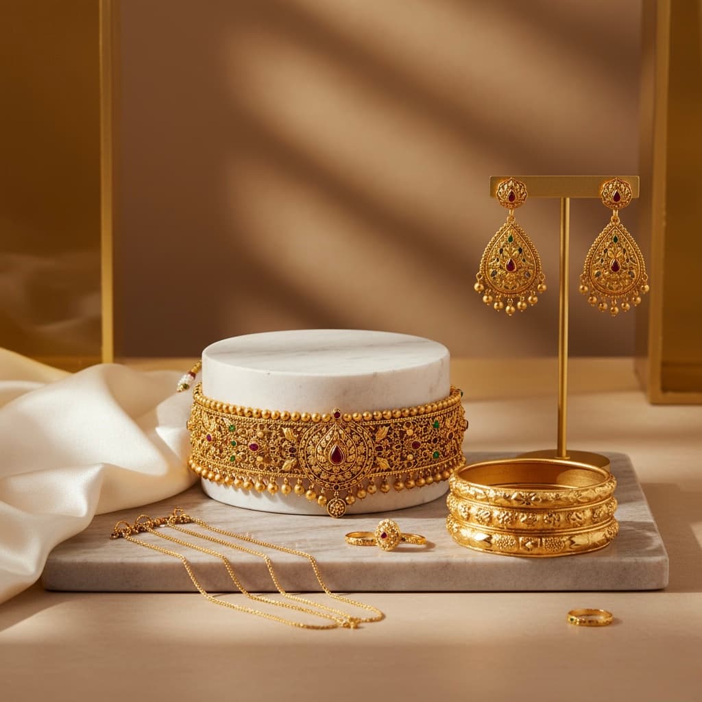Hallmarked 22K gold chains and bangles in the showroom counter