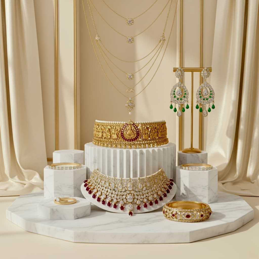 Gold and kundan pieces in the Girdhari Lal Saraf showroom counter