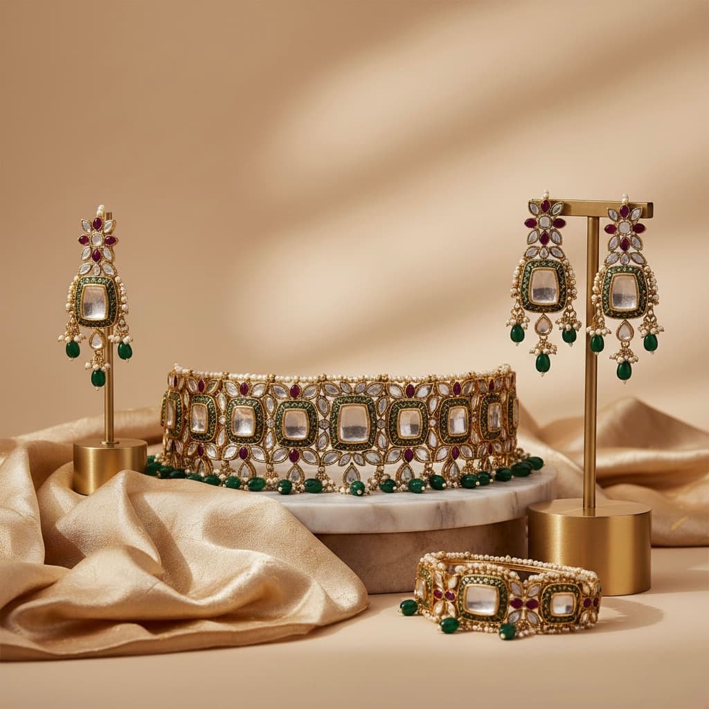 Kundan and polki bridal set with uncut diamonds and enamel reverse