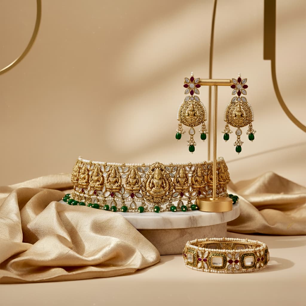 Temple jewellery necklace with Lakshmi motifs in 22K gold