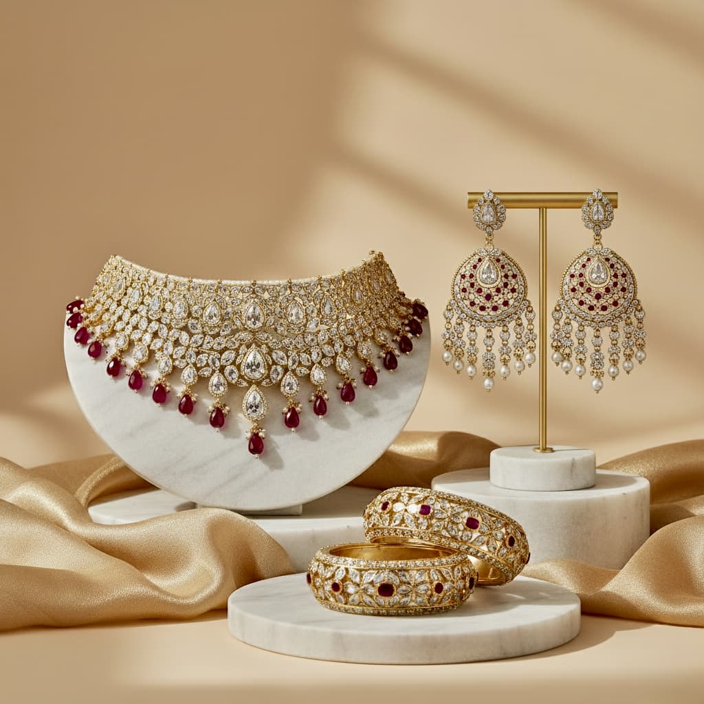 Complete bridal jewellery set laid out for a wedding